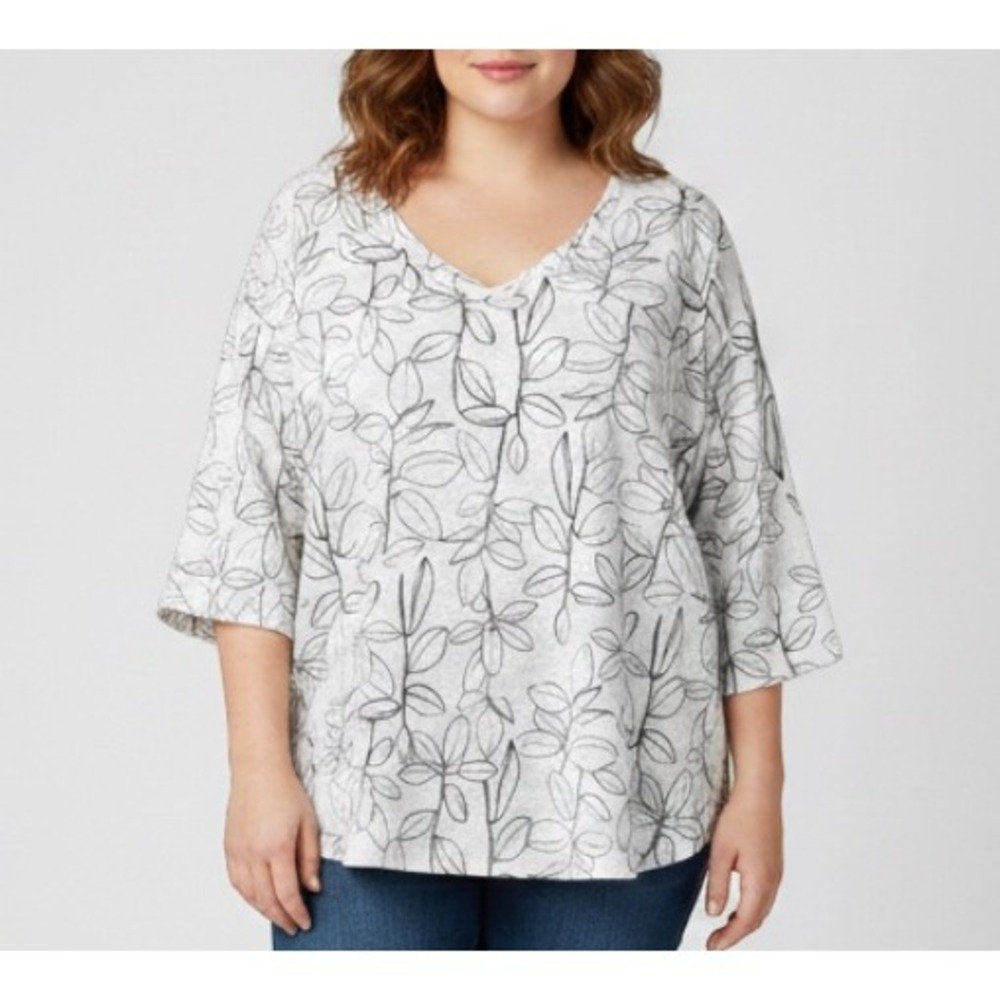 CYNTHIA ROWLEY White w/Black Leaf Print LINEN KNIT TOP Boxy V-Neck 3/4 Slv 2X